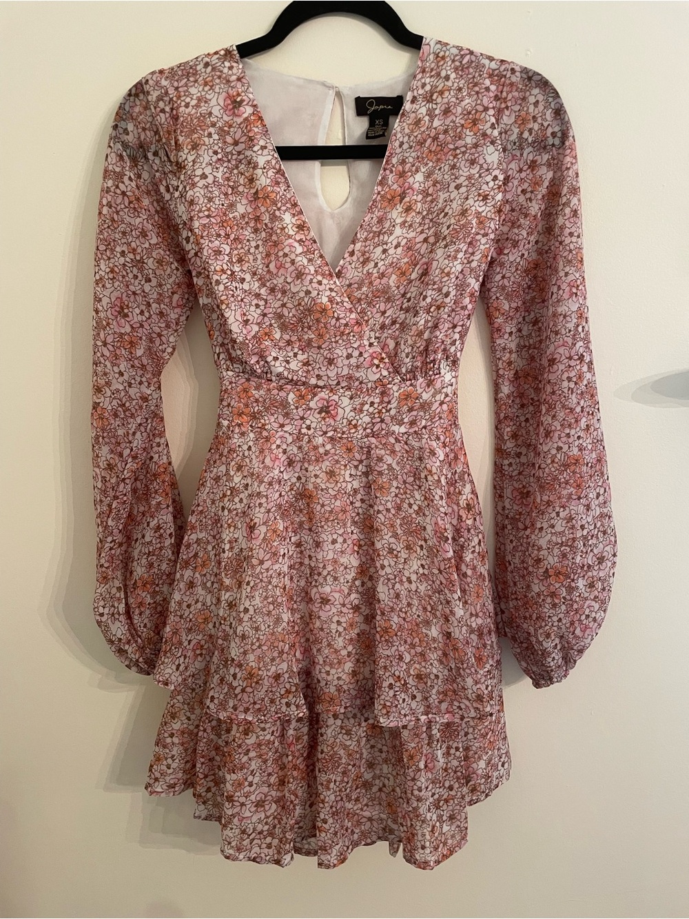Japna Pink & Orange Floral Long-Sleeve Tiered Dress
